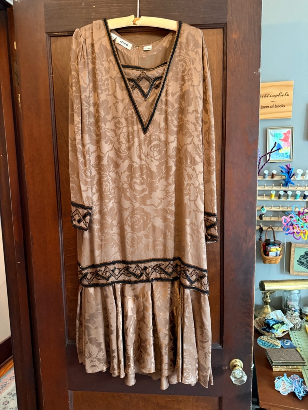 Vintage Taupe Embroidered Drop-Waist Dress with real beadwork